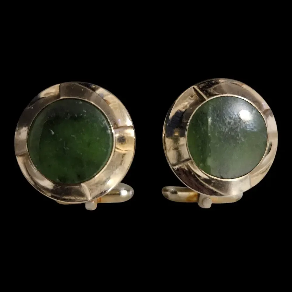 Swank Green Jade Nephrite Stone Gold Tone Round Cufflinks Vintage